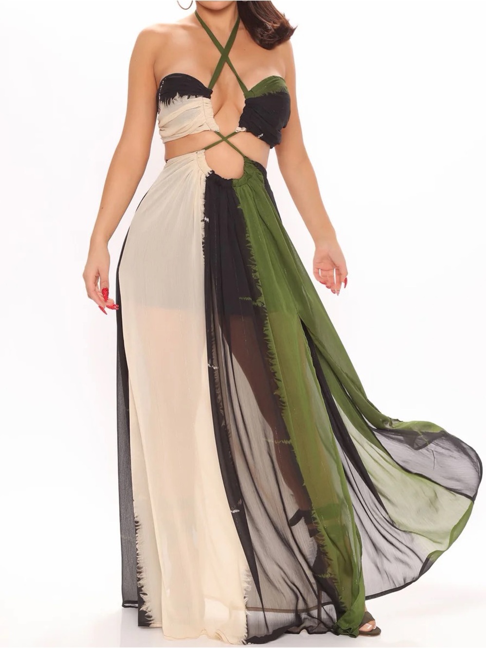 Fashion Nova Olive, Black & Cream Cutout Strappy Halter Maxi Dress